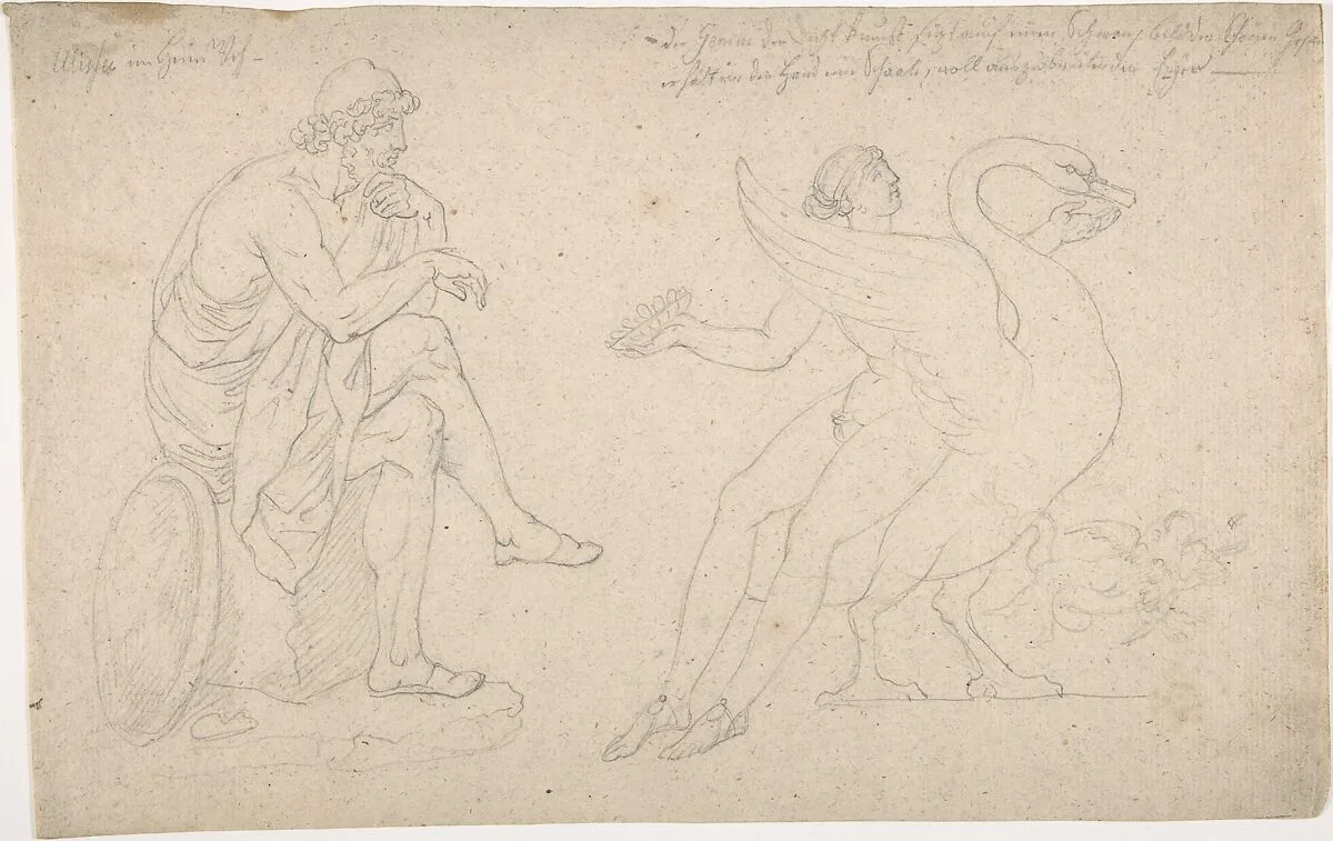 Ornament with Mythic Figures: Ulysses, a youth seated on a swan — Anonymous, German, 19th century
