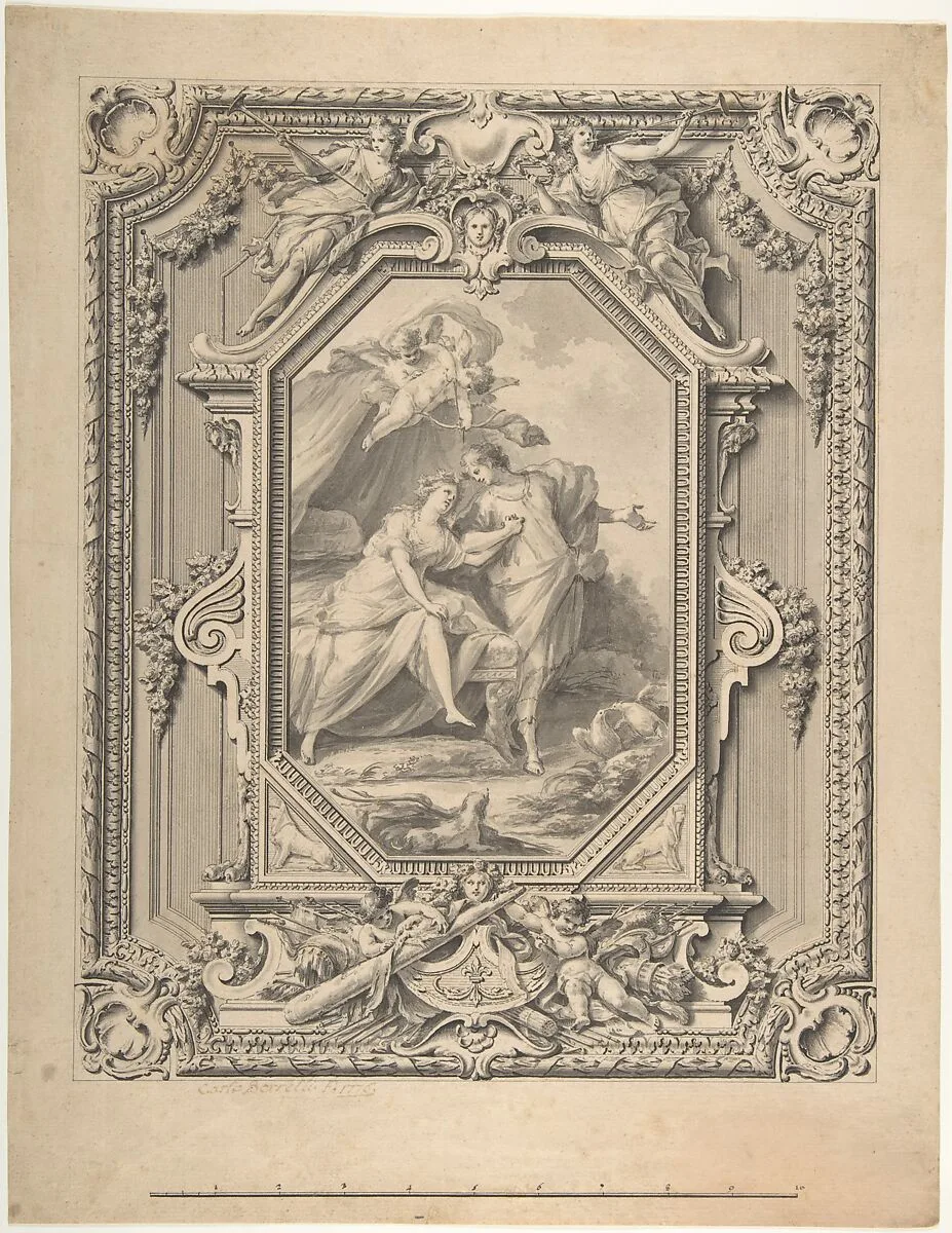 Design for a Sculptured Frame with Garlands and Statues and a Painting of Two Human Figures with Puttis inside the Frame. — Carlo Borrelli (Ponticelli)