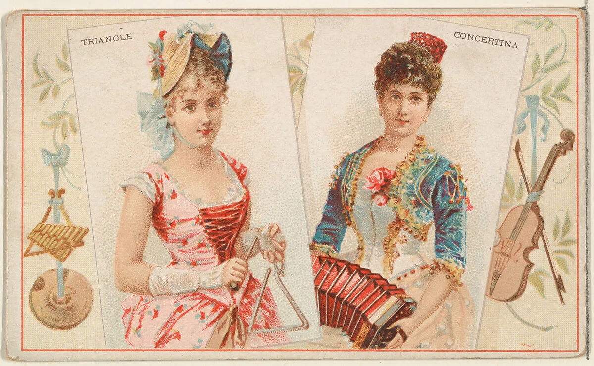 Triangle and Concertina, from the Musical Instruments series (N121) issued by Duke Sons & Co. to promote Honest Long Cut Tobacco — W. Duke, Sons & Co.|Schumacher & Ettlinger