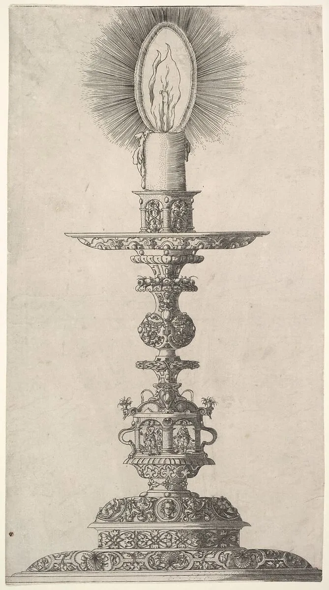 Candlestick with Lighted Candle from: Insigne Ac Plane Novum Opus Cratero graphicum; Ein new kunnstbuch (...) von allerley trinnckgeschiren Credenntzen unnd Bechernn (...) — Matthias Zündt