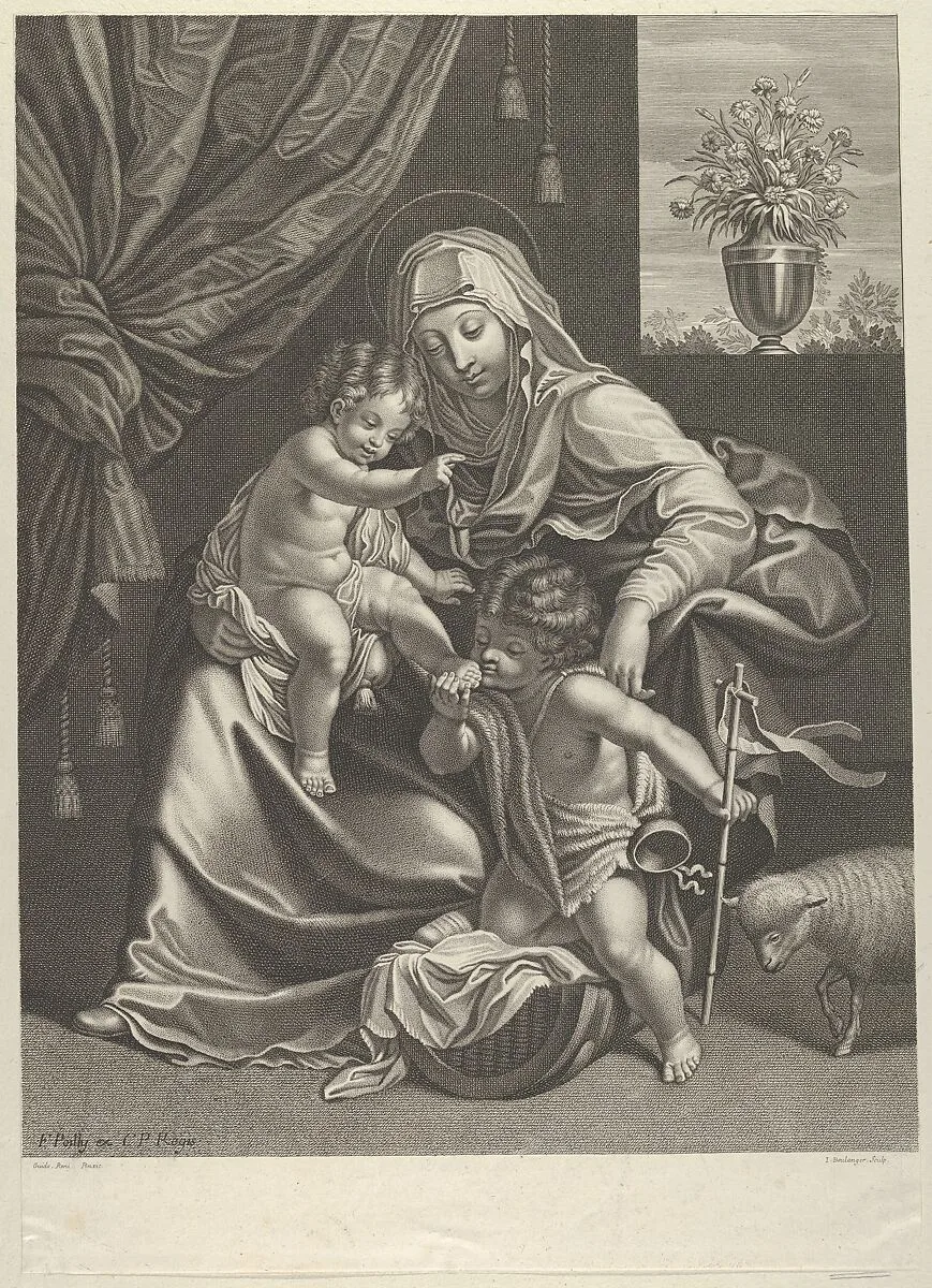 The Virgin seated with the infant Christ on her lap, the young Saint John the Baptist kneeling on Christ's cradle and kissing his foot, a lamb at right, after Reni — Guido Reni|Francois de Poilly|Jean Boulanger