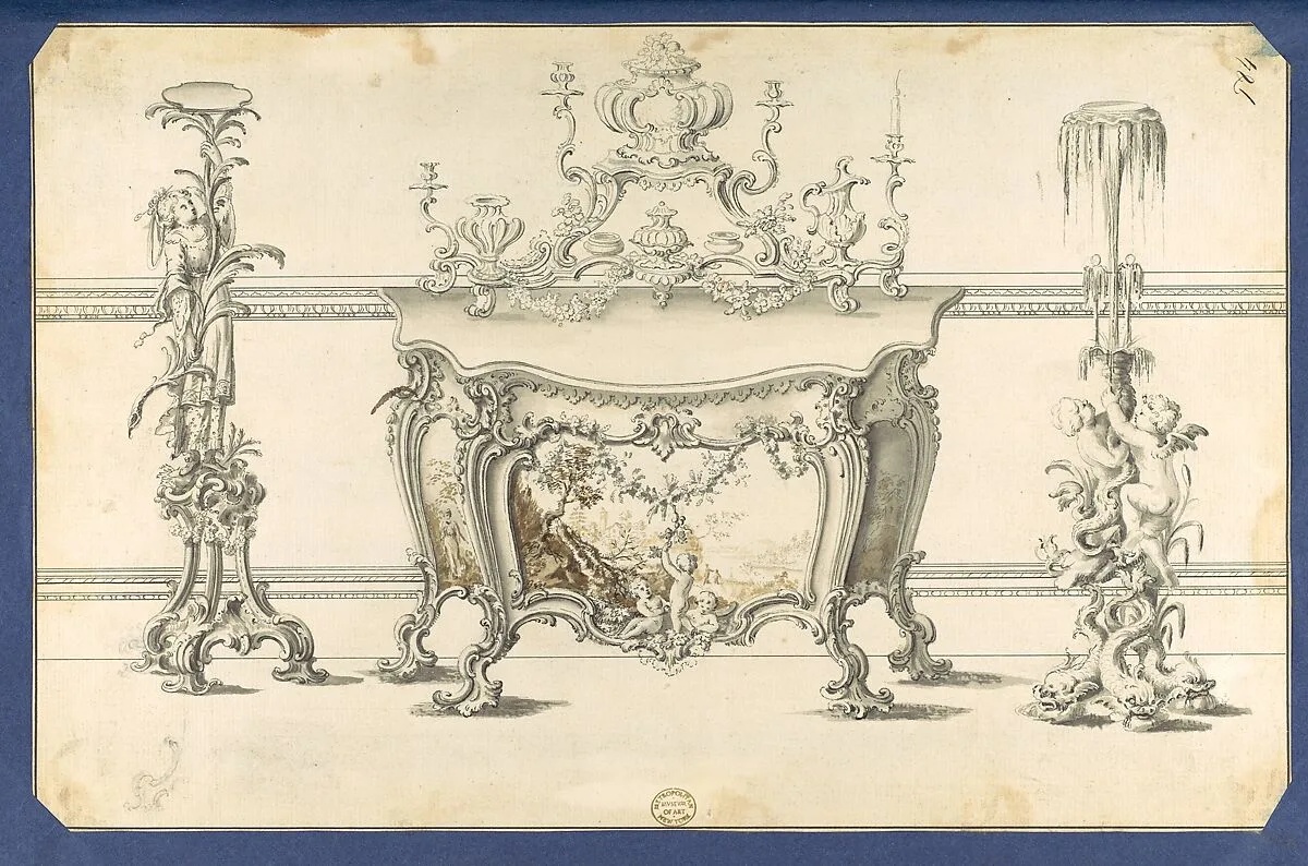 Commode Table and Candlestands, in Chippendale Drawings, Vol. I — Thomas Chippendale