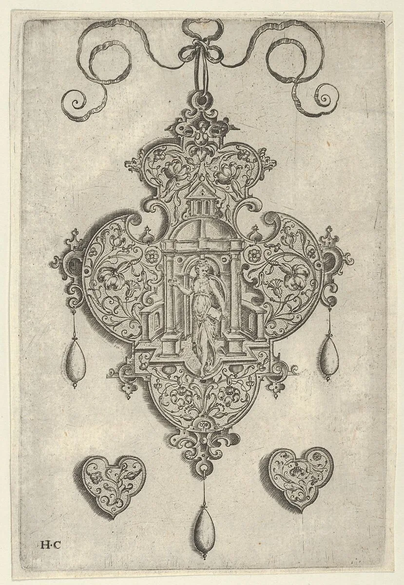 Pendant Design with Faith Standing in a Circular Temple — Jan Collaert I|Hans Liefrinck