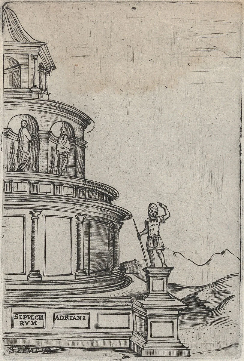 Sepulchrum (sic) Adriani, from a Series of 24 Depicting (Reconstructed) Buildings from Roman Antiquity — Anonymous, Italian, 16th century|Monogrammist G.A. & the Caltrop