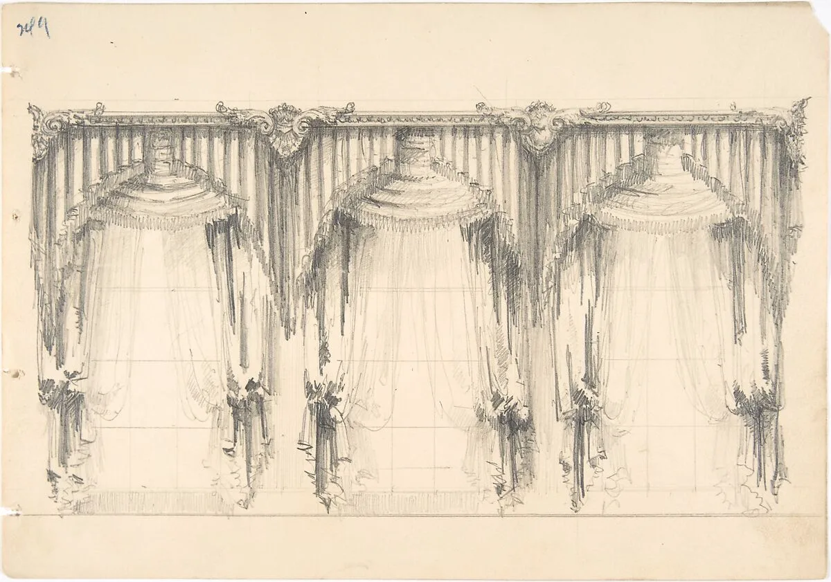 Design for Fringed, Pelmeted Curtains Hanging at Three Widows — Anonymous, British, 19th century