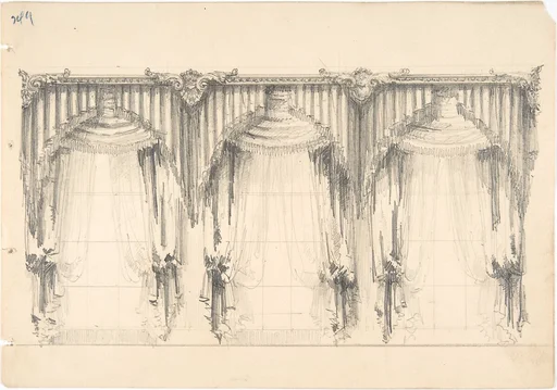 Design for Fringed, Pelmeted Curtains Hanging at Three Widows