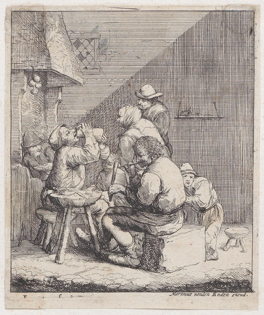 Seven peasants in a rustic interior with a man lighting a pipe — Martinus van den Enden|Jacques Dassonville