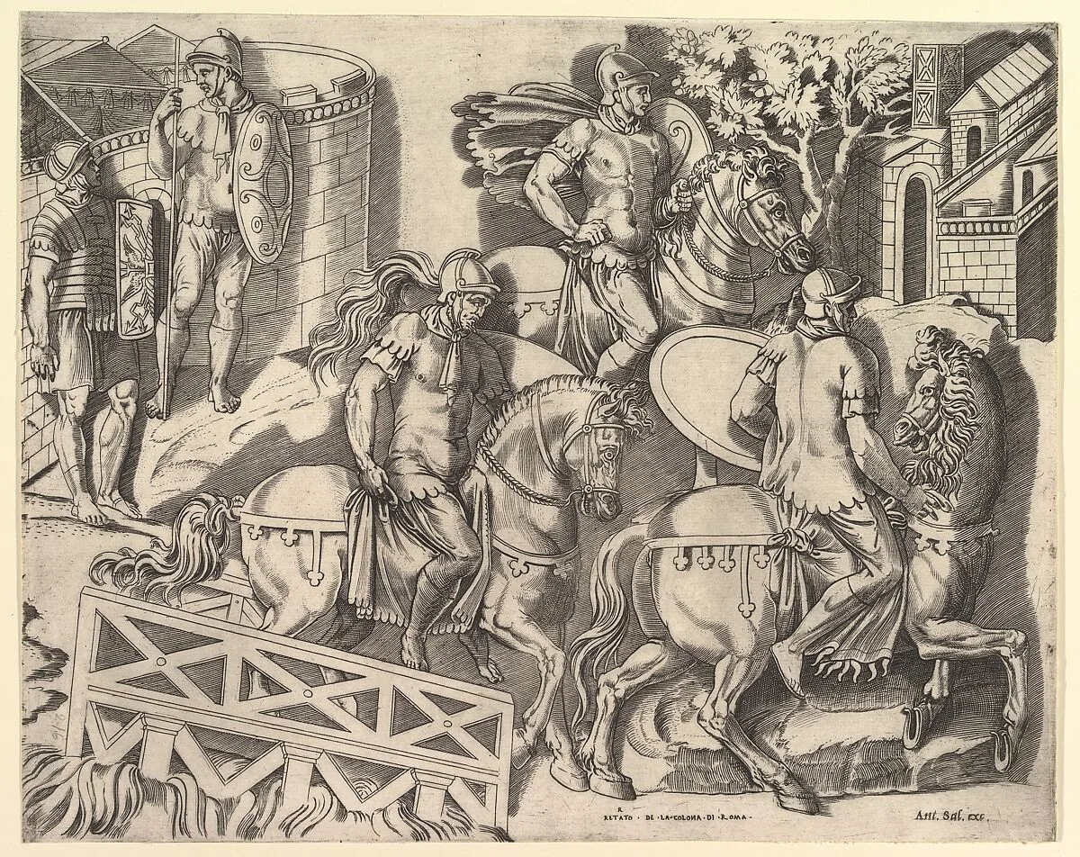 Speculum Romanae Magnificentiae: Roman Horsemen Crossing a Bridge (from Trajan's Column) — Marco Dente|Antonio Salamanca