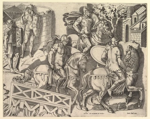 Speculum Romanae Magnificentiae: Roman Horsemen Crossing a Bridge (from Trajan's Column)