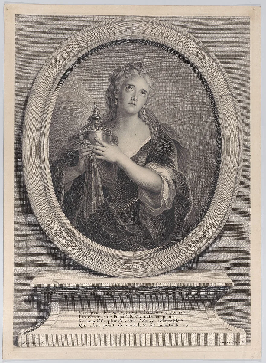 Portrait of Adrienne Lecouvreur as Cornelia in Corneille's "La Mort de Pompée" — Charles Antoine Coypel|Adrienne Lecouvreur|Pierre Imbert Drevet