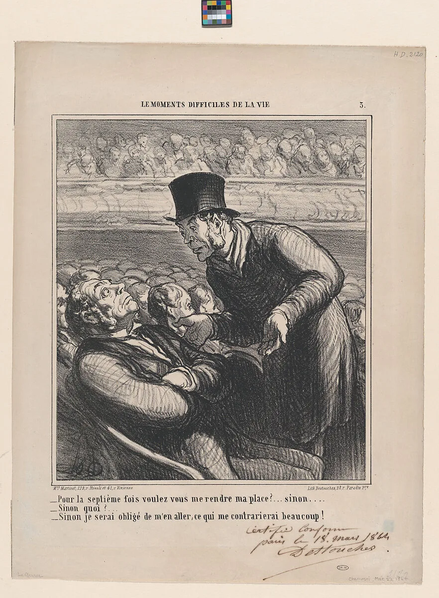 For the seventh time..... will you please leave my seat? otherwise..., from 'The difficult moments of life' — Aaron Martinet|Honoré Daumier|Destouches