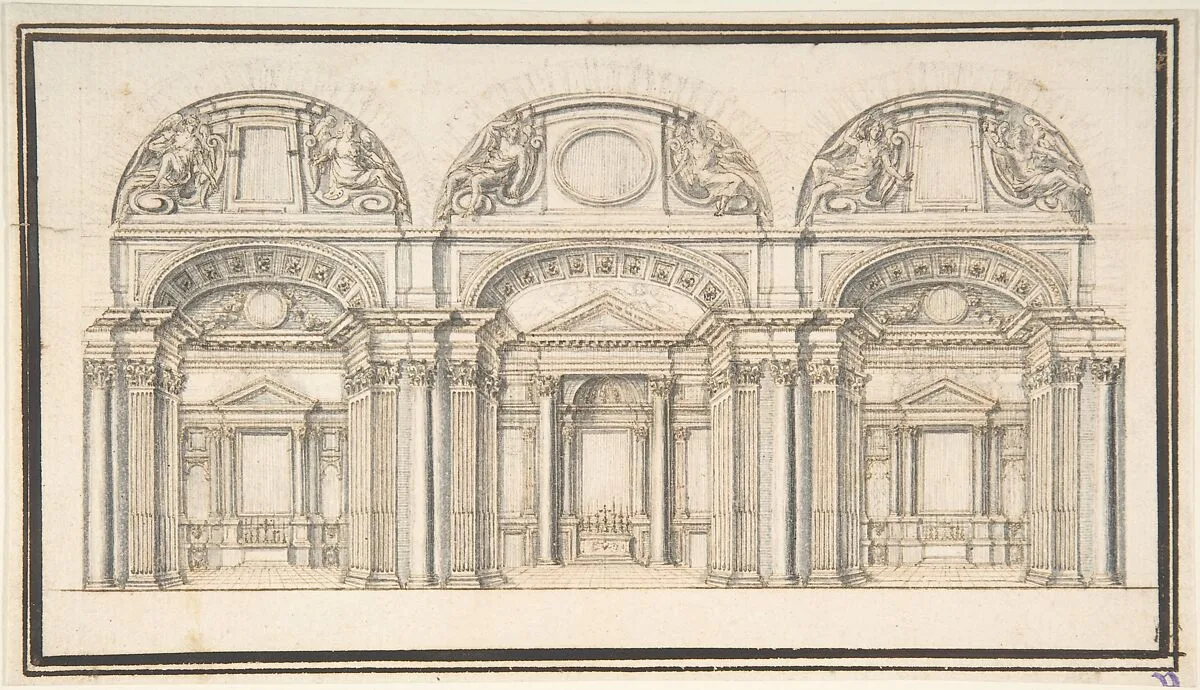 Wall Elevation with Three Chapels; Floor Plan with Columns (Verso) — Anonymous, Italian, late 16th century