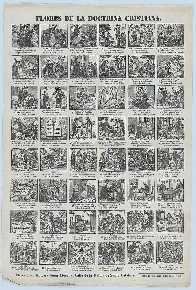 Broadside with 48 scenes illustrating Christian doctrine — José Taulo|Juan Llorens