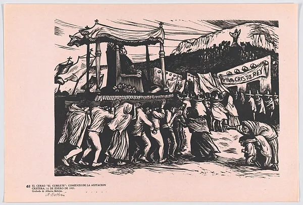 Plate 61: the apostolic representative being carried on sedan to the monument of Christ the King, the beginning of the Cristero agitation, from the portfolio 'Estampas de la revolución Mexicana' (prints of the Mexican Revolution) — Taller de Gráfica Popular|Alberto Beltrán