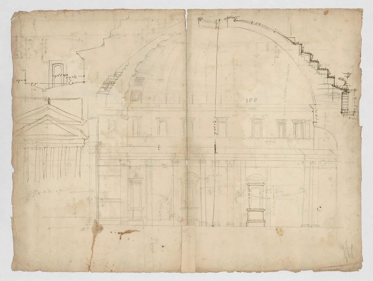 Pantheon, section (recto) Pantheon, capital, elevation; capital, details — Anonymous, French, 16th century