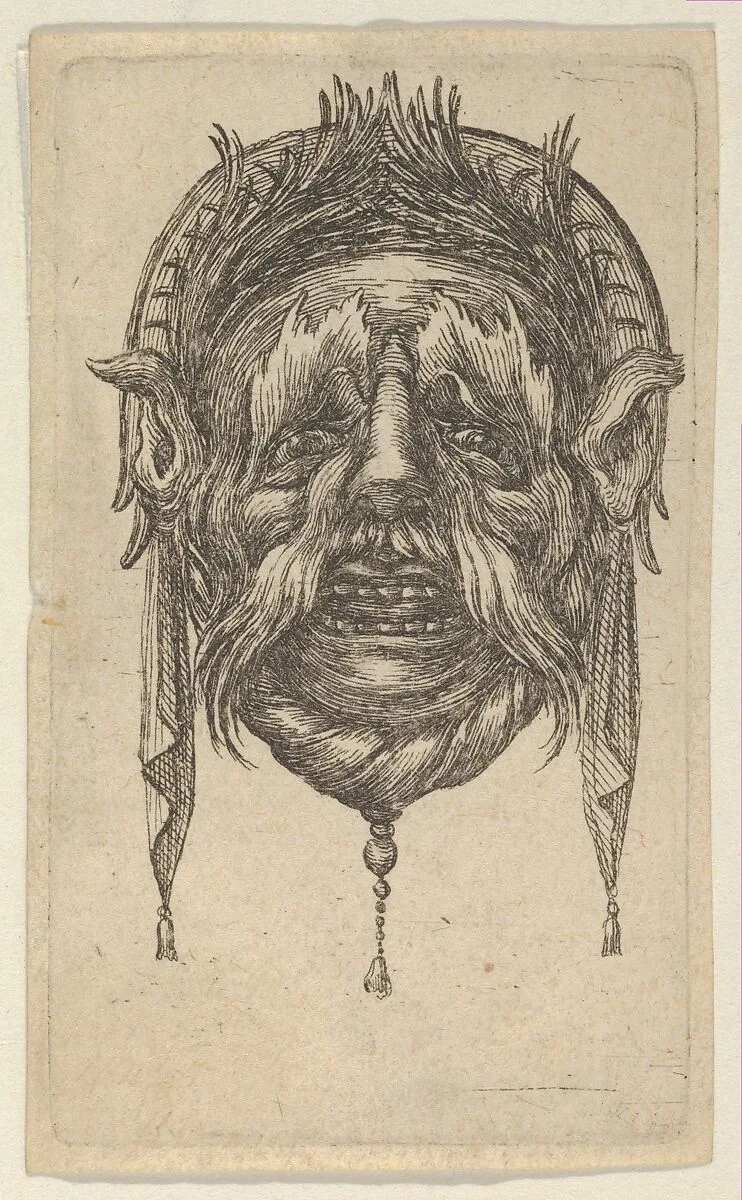 Mask with Long Eyebrows and Mustache and a Headdress with Dangling Cloth, from Divers Masques — François Chauveau|Jacques Van Merlen