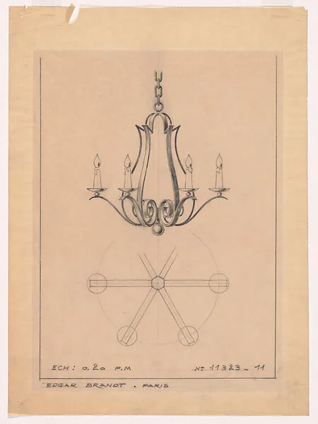 Elevation and Partial Plan for a Wrought-Iron Chandelier with Six Arms (No.11323.11) — Edgar Brandt