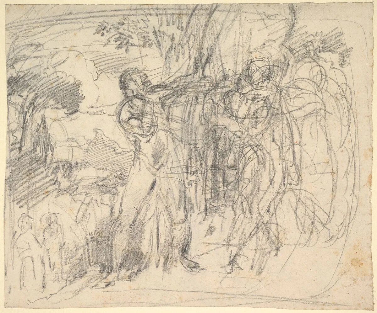 Compositional Study for “Comus–The Measure”(recto); Studies of a Man’s Right Leg, after Titian, and a Profile, for "Comus–The Measure"(verso) — George Richmond|John Milton|Titian (Tiziano Vecellio)