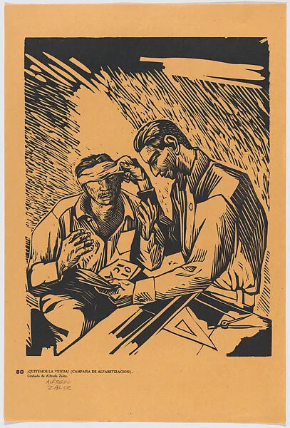 Plate 80: a young man removing a bandage from his eye, to learn to read (relating to the literacy campaign), from the portfolio 'Estampas de la revolución Mexicana' (prints of the Mexican Revolution) — Alfredo Zalce|Taller de Gráfica Popular