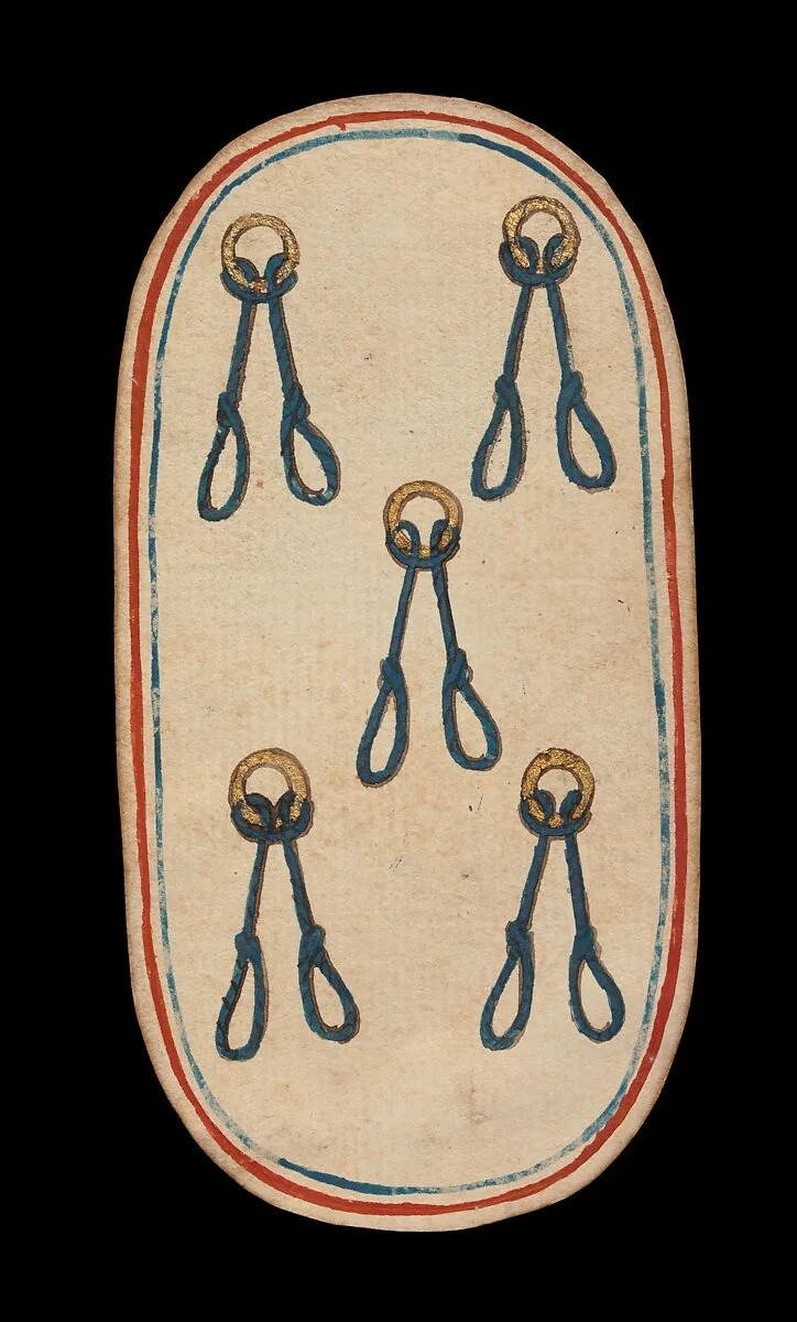 5 of Nooses, from The Cloisters Playing Cards — Unknown