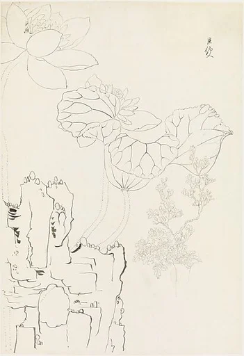 現代 謝稚柳 臨陳洪綬蓮石花卉畫稿 鏡片|Lotus, Rock, and Flower Study, after Chen Hongshou