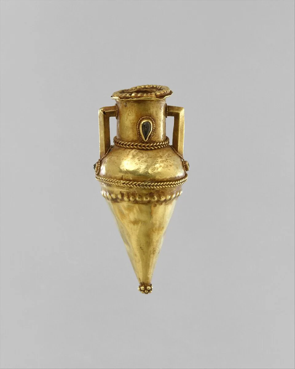 Gold amphoriskos (oil flask) with inlaid garnets — Unknown