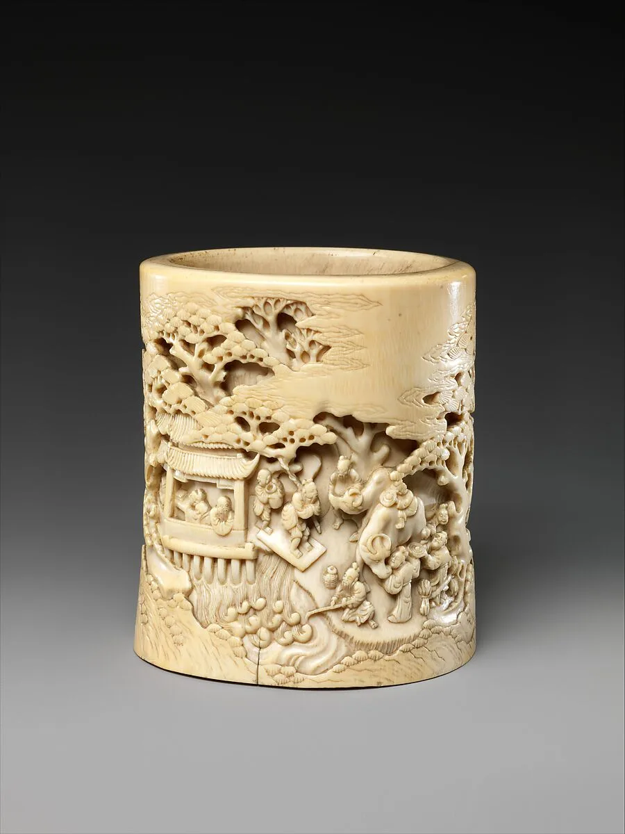清乾隆 象牙雕文王訪賢圖筆筒|Brush holder with narrative scene — Unknown