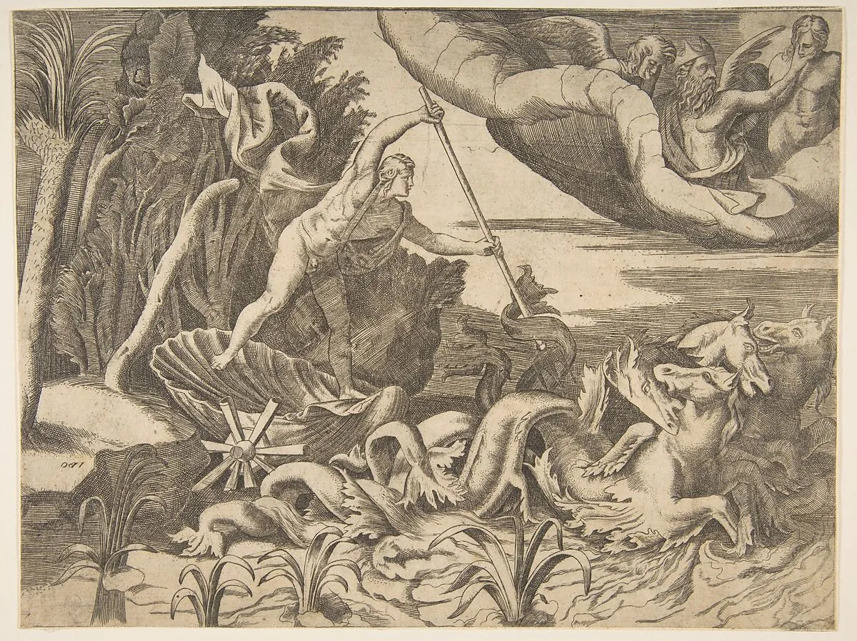 Neptune in his Chariot being drawn by seahorses, from the 'Division of the Universe' — Giulio Bonasone