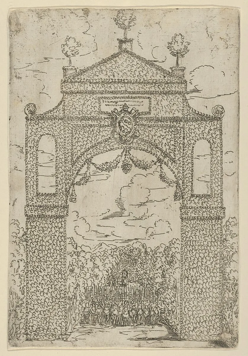 Triumphal arch covered in foliage with mounted troops below, a temporary decoration for the entry of Pope Clement VIII in Bologna in 1598 — Guido Reni