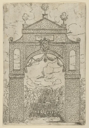 Triumphal arch covered in foliage with mounted troops below, a temporary decoration for the entry of Pope Clement VIII in Bologna in 1598