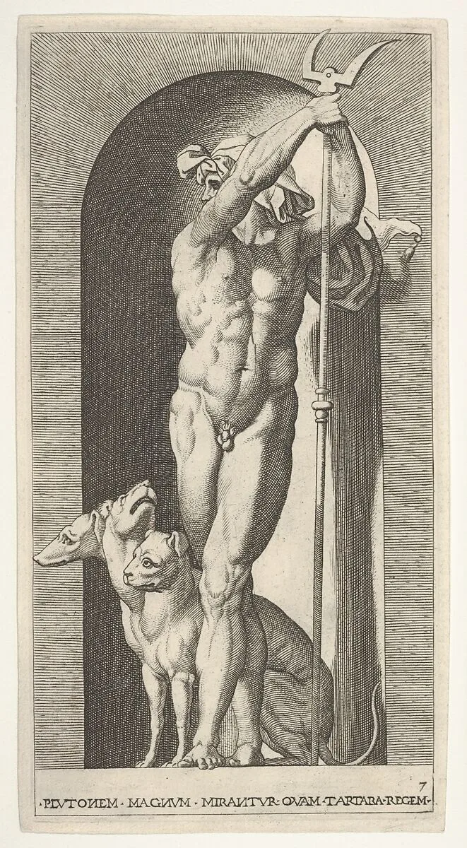 Plate 7: Pluto in a niche, holding a bident, with Cerberus next to him, from a series of mythological gods and goddesses — Giovanni Jacopo Caraglio|Rosso Fiorentino