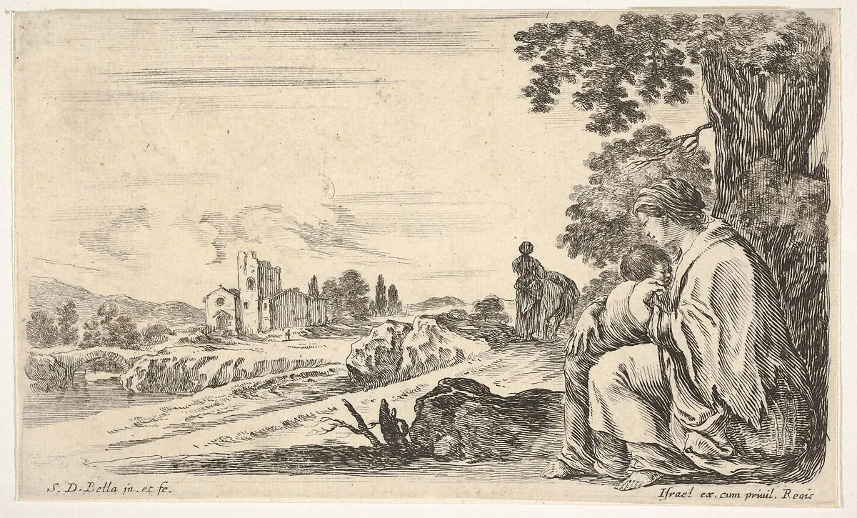 A peasant woman facing left in profile nurses a baby under a tree at right, a woman, seen from behind, walking next to a donkey in the middle ground, a church and bridge to left in background, from 'Various figures and lands' (Diverse figure e paesi) — Stefano della Bella|Israël Henriet