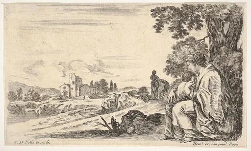 A peasant woman facing left in profile nurses a baby under a tree at right, a woman, seen from behind, walking next to a donkey in the middle ground, a church and bridge to left in background, from 'Various figures and lands' (Diverse figure e paesi)