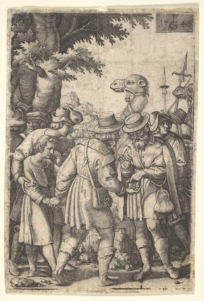 Joseph sold to the merchants: a bearded man grasping Joseph with his left hand receives coins in his right hand, from the series 'The Story of Joseph' — Georg Pencz