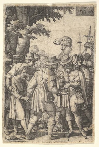 Joseph sold to the merchants: a bearded man grasping Joseph with his left hand receives coins in his right hand, from the series 'The Story of Joseph'