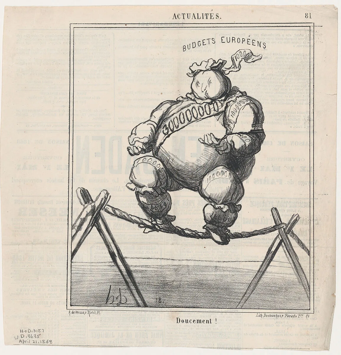 Gently!, from 'News of the day,' published in Le Charivari, April 21, 1868 — Aaron Martinet|Destouches|Honoré Daumier