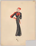 Drawing for a woman's theatrical costume: black street dress with red accessories — Vincente Minnelli