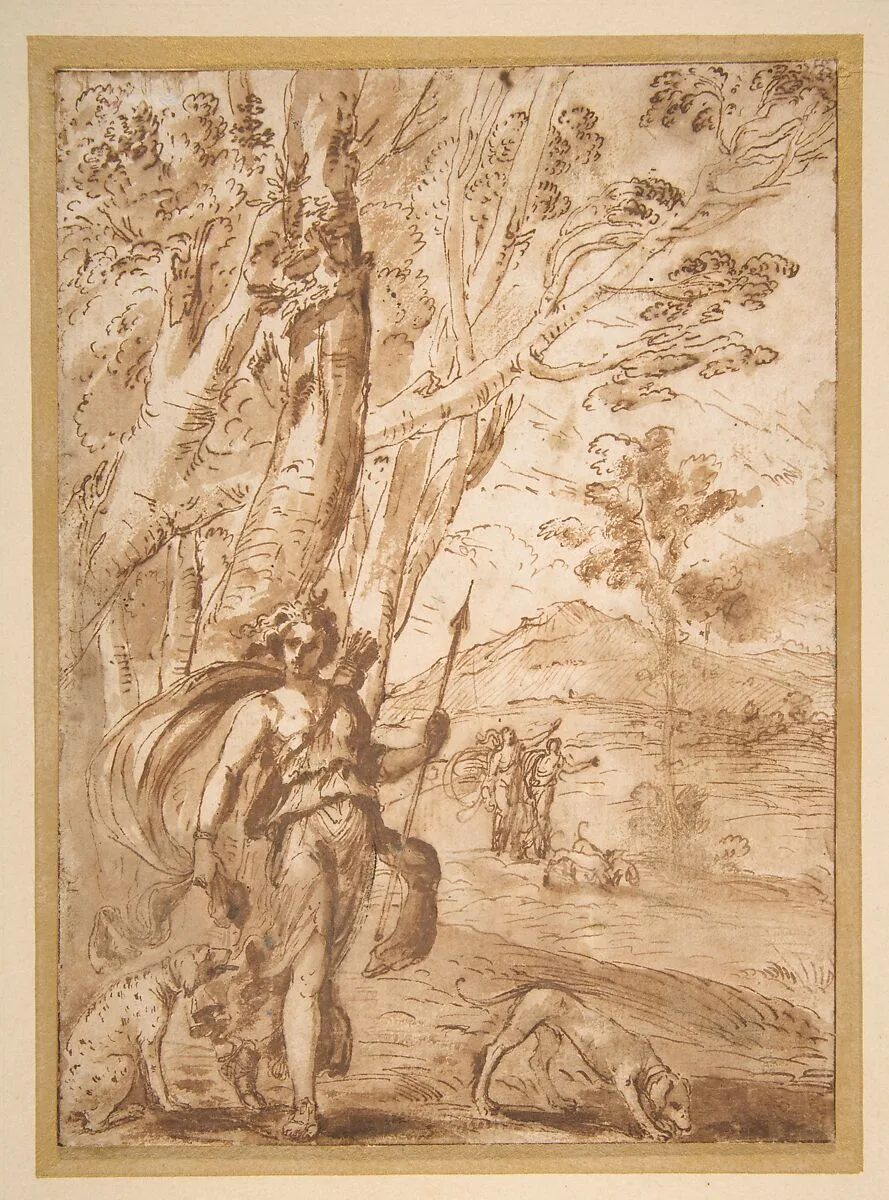 The Goddess Diana with Her Hounds Standing in a Landscape — Agostino Tassi