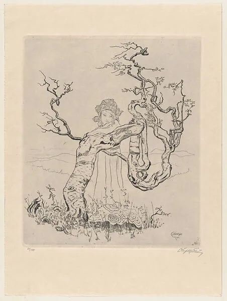 Birch in the Highlands (Birch im Hochland), with a woman in a cloak and hat standing behind a tree — Olaf Abrahamsen Willums
