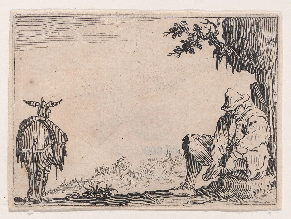 Le Paysan se Déchaussant (The Peasant Removing his Shoes), from Les Caprices Series B, The Nancy Set — Jacques Callot|Lorenzo de' Medici