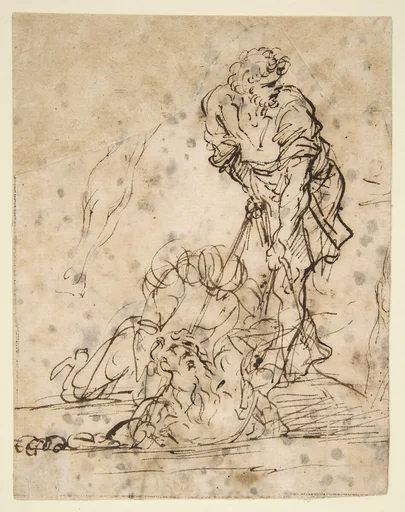 Studies for a Figure Lifted from a Grave or Pit by Cords. V e r s o: Further Study of the Same Figure