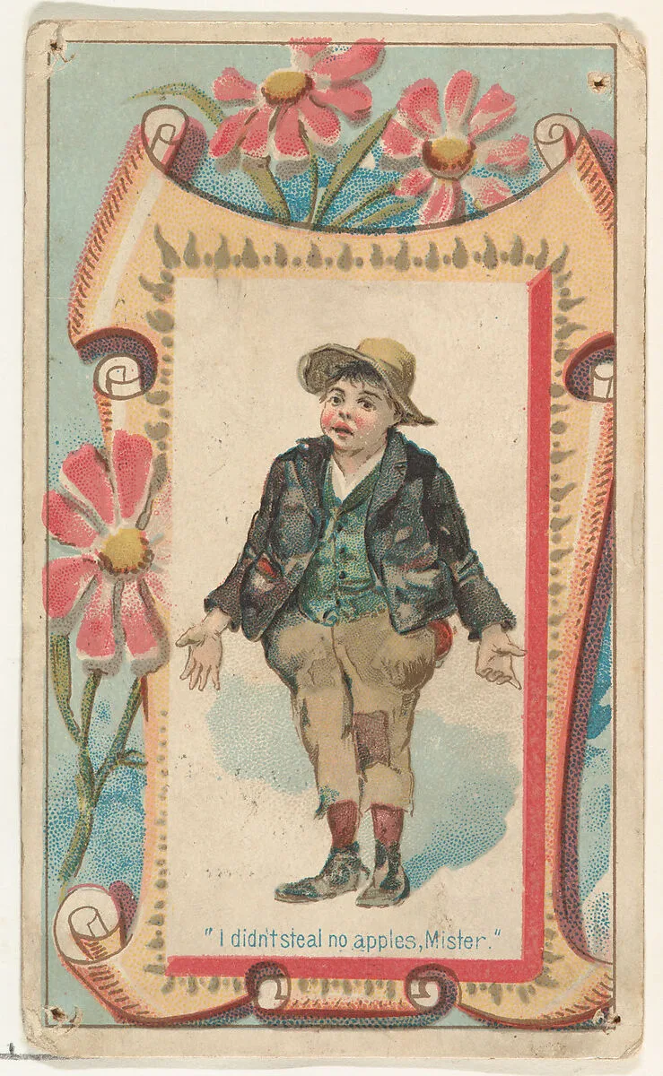 "I didn't steal no apples, Mister," from the Terrors of America set (N136) issued by Duke Sons & Co. to promote Honest Long Cut Tobacco — Knapp & Company|W. Duke, Sons & Co.