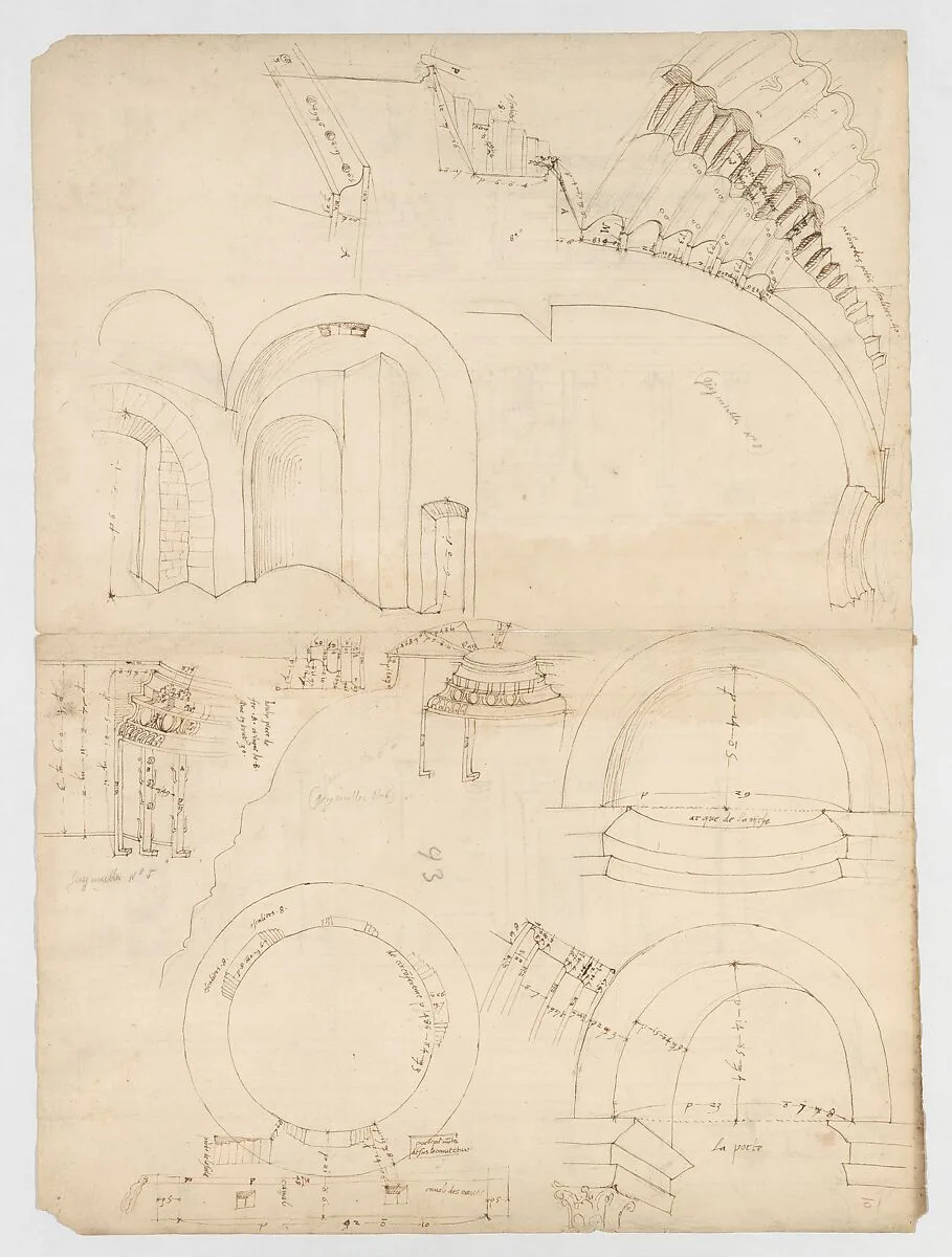 Pantheon, dome, section details; alcove, section and details (recto) Pantheon, rotonda, upper order, elevation and details (verso) — Anonymous, French, 16th century