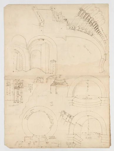 Pantheon, dome, section details; alcove, section and details (recto) Pantheon, rotonda, upper order, elevation and details (verso)