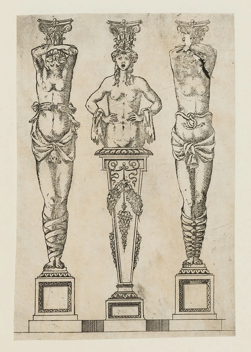 Designs for two caryatid and one term — Jacques Androuet Du Cerceau