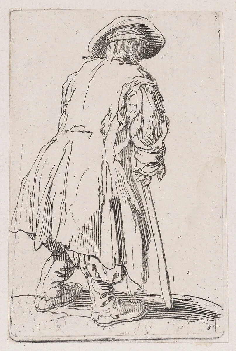 Reverse Copy of Le Vieux Mendiat a une Seule Béquille (The Old Beggar with One Crutch), from Les Gueux suite appelée aussi Les Mendiants, Les Baroni, ou Les Barons (The Beggars, also called the Barons) — Jacques Callot|Anonymous