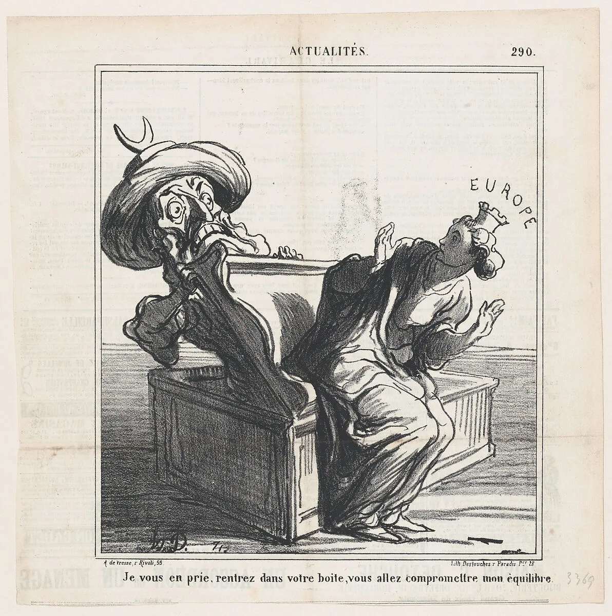 I beg you, get back into your box. You are going to endanger my equilibrium, from 'News of the day,' published in Le Charivari, January 13, 1869 — Honoré Daumier|Arnaud de Vresse|Destouches