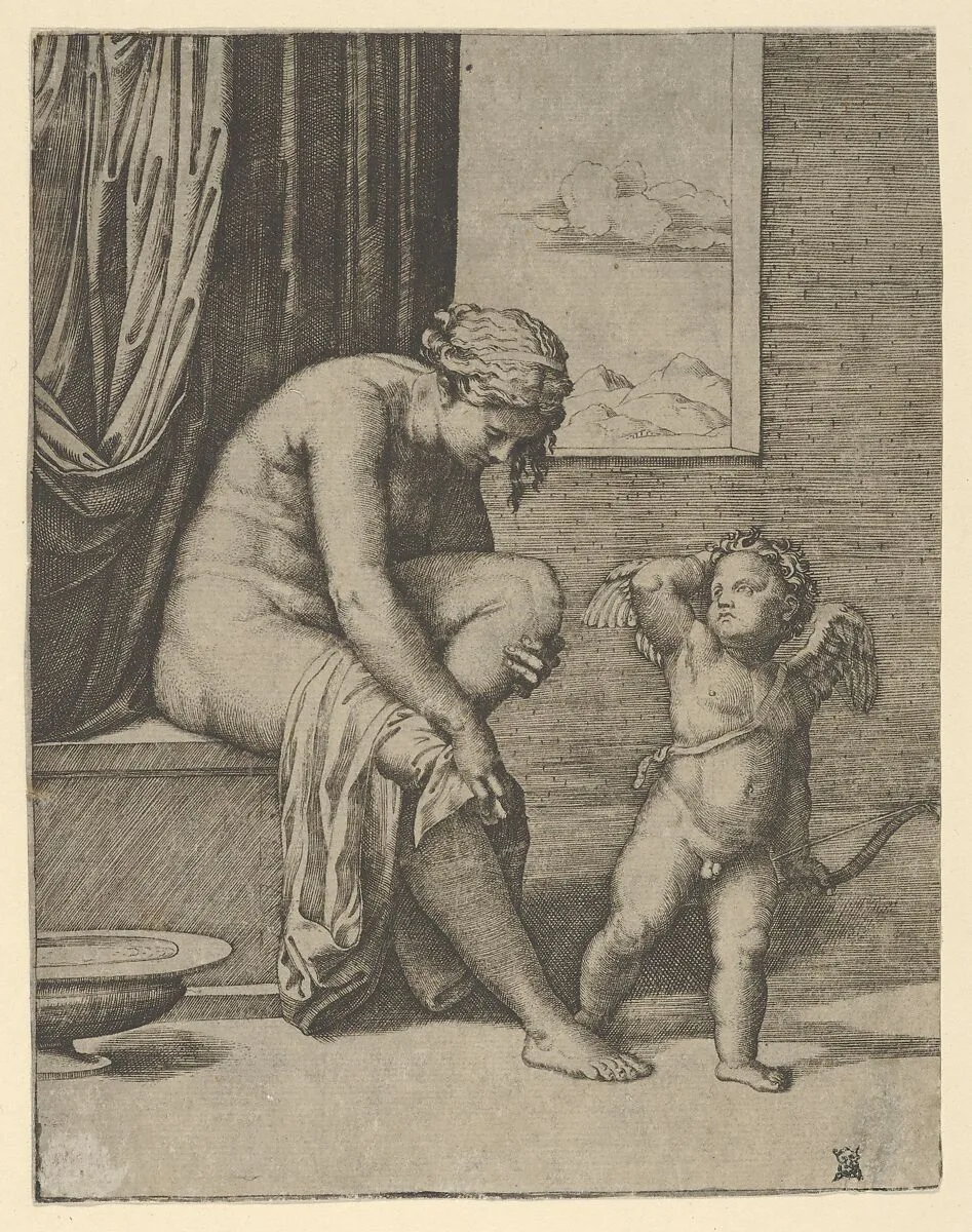 Venus drying her foot with a piece of drapery, Cupid in front of her, holding a bow in his left hand — Marcantonio Raimondi|Raphael (Raffaello Sanzio or Santi)