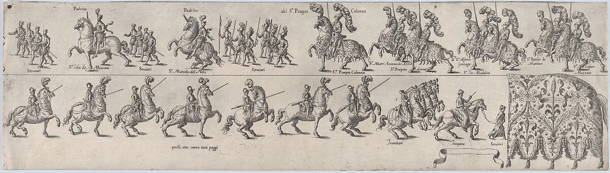 Plate depicting Pompeo Colonna, from a series of twelve showing knights and their attendants dressed for a tournament (plate 6) — Anonymous