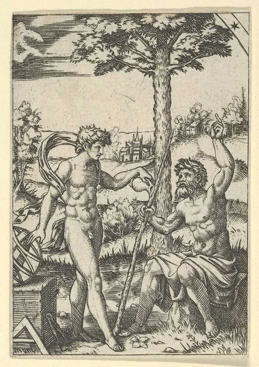 Seated old shepard gesturing towards the sky and speaking to nude male surrounded by tools of measurement — Raphael (Raffaello Sanzio or Santi)|Anonymous